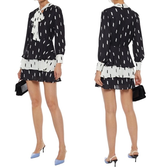 Alice + Olivia Dasha Bow Tie Tiered Printed Crepe Mini Dress - Size 2 - Picture 3 of 7